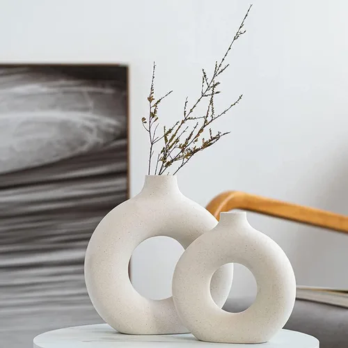 Jarrones de cerámica blanca, 2 para decoración moderna del hogar, jarrón redondo mate bohemio para decoración, estilo nórdico minimalista de Blanco