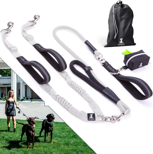 Miniatura 24 de Correa doble premium para dos perros, absorción de golpes, antitirón, doble correa para razas medianas y grandes con accesorio de correa doble