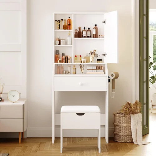 Miniatura 9 de Vabches Tocador de Maquillaje Pequeño de 24.4 pulgadas con Espejo y Luces, 3 Modos de Iluminación Ajustables, Juego de Tocador Compacto Blanco