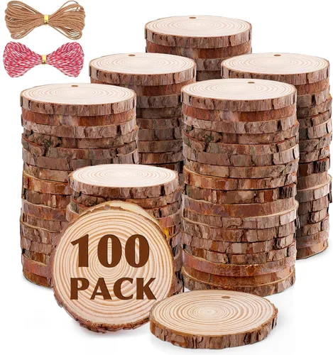 Miniatura 9 de 30 paquetes de rebanadas de madera para manualidades, 2.4-2.8 pulgadas de rondas de madera natural sin acabar con corteza de árbol. Círculos