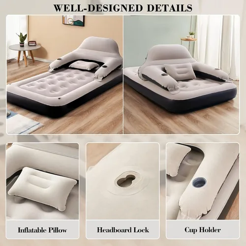 Miniatura 2 de Sofá cama de colchón de aire tamaño individual con cabecera y almohada, cama inflable para exteriores durante la noche
