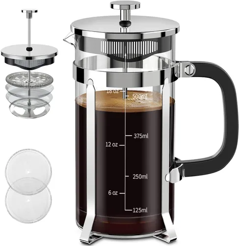 Miniatura 14 de QUQIYSO Cafetera de prensa francesa de acero inoxidable 304 con 4 filtros, resistente al calor, duradera, fácil de limpiar, prensa de café de vidrio