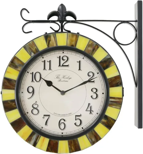 BESTIME 66297 Reloj de pared de doble cara con vidrieras. Esfera: 10 pulgadas, silencioso, fácil de leer, estación retro, relojes colgantes antiguos