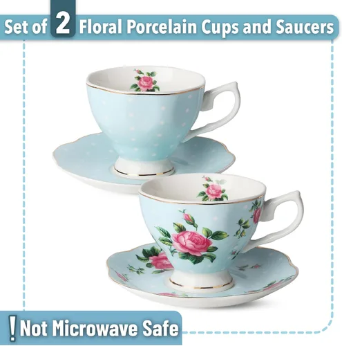 Miniatura 2 de BTaT- Juego de 2 tazas de té y platillos florales, 8 onzas, juego de tazas de té de porcelana fina con ribete dorado para té de la tarde, bodas, Azul