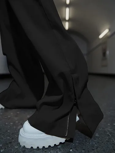 Miniatura 3 de Floerns Pantalones cargo rectos de pierna ancha con dobladillo dividido y doble cintura para mujer