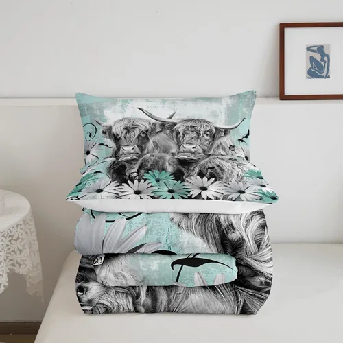 Miniatura 6 de Erosebridal Highland Cow - Juego de edredón tamaño matrimonial, juego de ropa de cama de toro de cuerno largo occidental para niños y adultos, Verde