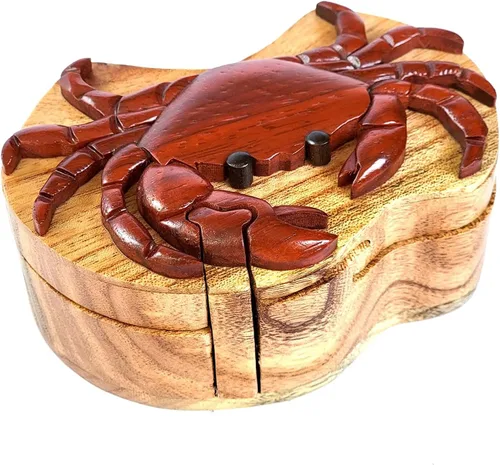 Miniatura 2 de Caja de rompecabezas de madera de cangrejo Intarsia, caja de madera hecha a mano con compartimento secreto, organizador único de joyas ocultas