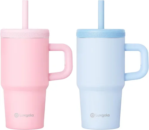 Miniatura 17 de Taza infantil de 20 oz con asa, tapa de rosca a prueba de fugas con pajita de silicona extraíble, a prueba de derrames, botella de agua reutilizable
