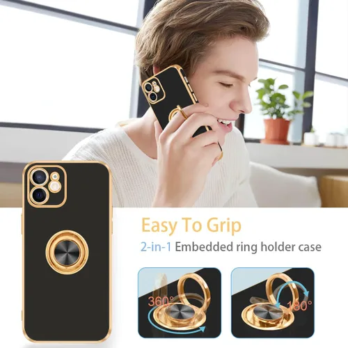Miniatura 7 de Fingic Funda para iPhone 12 con Soporte de Anillo, [Soporte de Anillo Giratorio de 360° Magnético con Base] [Borde Dorado Brillante con Enchapado]