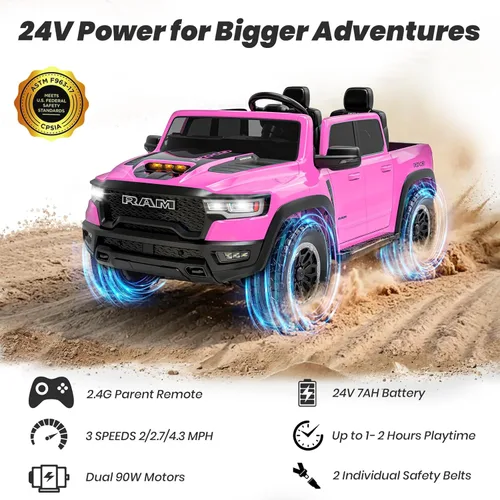 Miniatura 3 de RAM 1500 RHO 24V con licencia, coche de montar para niños de 2 plazas, coche rosa para niñas con control remoto, coche eléctrico para niños