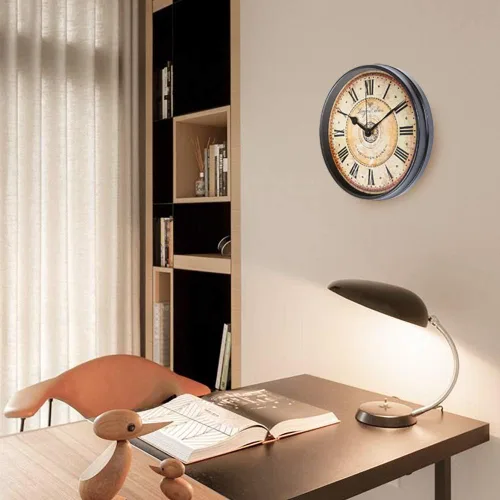 Miniatura 7 de Justup Reloj de pared de metal negro de 12 pulgadas, estilo europeo, retro, vintage, sin tictac, silencioso, funciona con pilas, con vidrio HD