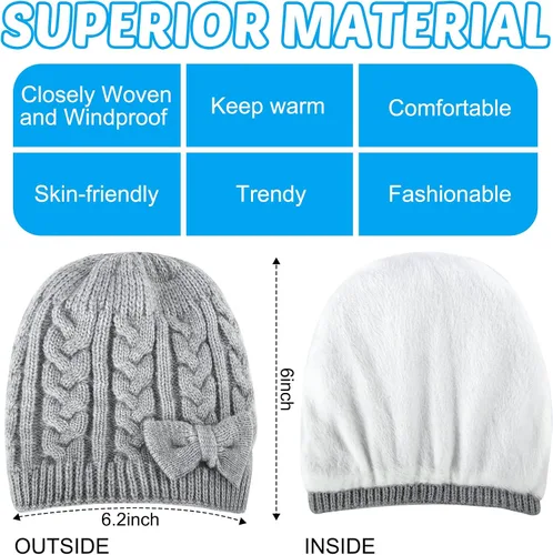 Miniatura 3 de 3 Pieces Fleece Lined Baby Beanie with Bow, Infant Newborn Toddler Kids Winter Warm Knit Cap for Boys Girls