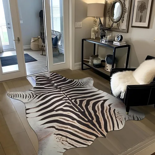 Miniatura 6 de jinchan Alfombra de Área con Estampado de Cebra, Piel de Vaca Sintética, Diseño de Animales, Tapete de Gamuza Sintética, Alfombra de Acento Safari
