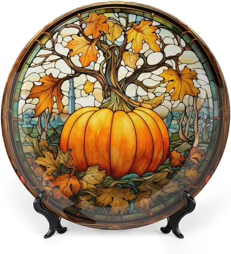 Platos decorativos, diseño de vitrales, plato de exhibición de calabaza y arce de otoño para el hogar, oficina, cocina, decoración de mesa, platos