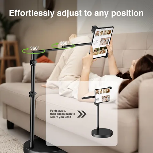 Miniatura 6 de elitehood Soporte de suelo para iPad de diseño diagonal con base resistente, soporte horizontal de 24 pulgadas de brazo largo para cama reclinable