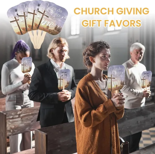 Miniatura 4 de Tradder 50 abanicos de papel grueso para iglesia cristiana, abanicos de mano religiosos con mango de madera, regalos religiosos, fanáticos de salón