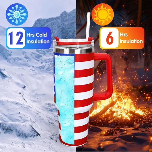 Miniatura 4 de Whaline Vaso patriótico del 4 de julio de 40 oz con asa, pajita y tapa, estrellas y rayas en rojo, azul y bandera de EE. UU., vaso de viaje del día