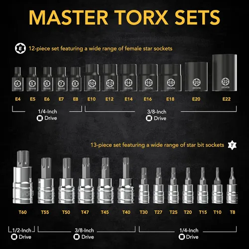 Miniatura 6 de LEXIVON Master Torx Juego de Brocas y Dados, Aleación S2 Premium y Acero Cr-V 25 Piezas, Dados de Broca T8-T60 y E-Torx E4-E22 Estuche