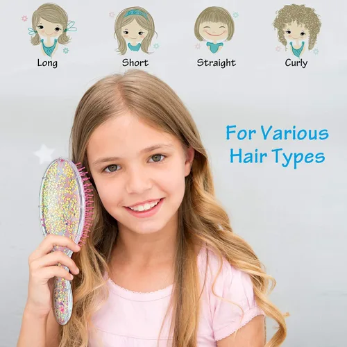 Miniatura 5 de 2 cepillos de pelo para niños con purpurina de confeti, cepillo para desenredar en seco y húmedo para todo tipo de cabello, peine sin dolor