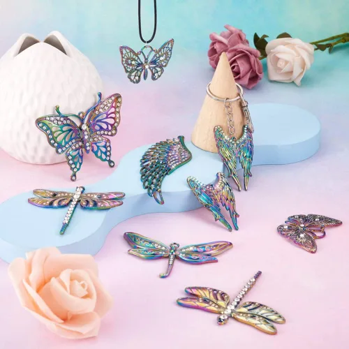Miniatura 6 de 12 dijes de filigrana de mariposa de aleación de color arco iris, colgantes grandes, colgantes de ala hueca, adorno de metal grabado al agua fuerte