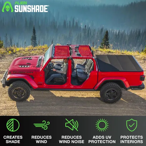 Miniatura 4 de Parasol Alien Sunshade para Jeep Gladiator Rojo (2018-2023) Accesorios para Jeep Gladiator, Parasol de malla frontal y trasera, 4 puertas, reduce