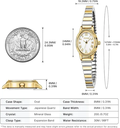 Miniatura 4 de Relojes pequeños de oro para mujer, reloj analógico de esfera fácil de leer, caja ovalada, banda de expansión de acero inoxidable, reloj impermeable