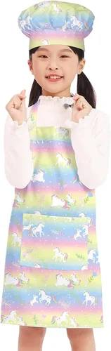 Miniatura 10 de BIGHAS Juego de delantal de chef para niños y niñas, correa ajustable para el cuello, cierre de gancho y bucle, diseño de cintura para hornear Blanco