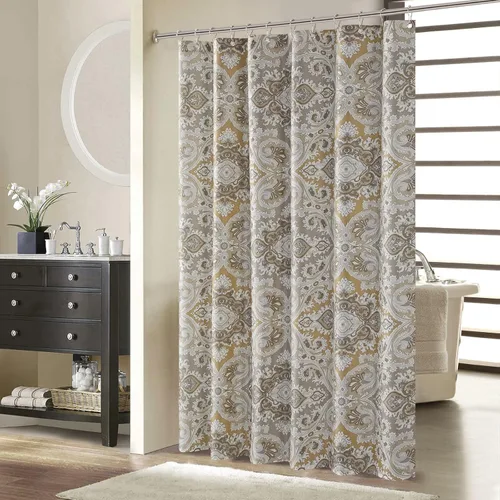 Miniatura 27 de Cortina de ducha larga de tela, cortinas de ducha de damasco bohemio con estampado de paisley en vino burdeos y oro amarillo, cortinas impermeables