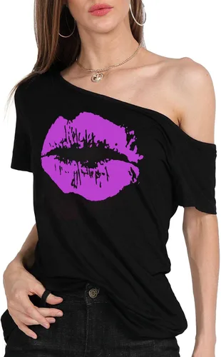Miniatura 61 de MAGICMK - Camiseta casual para mujer, con estampado de labios y hombro descubierto, talla extragrande