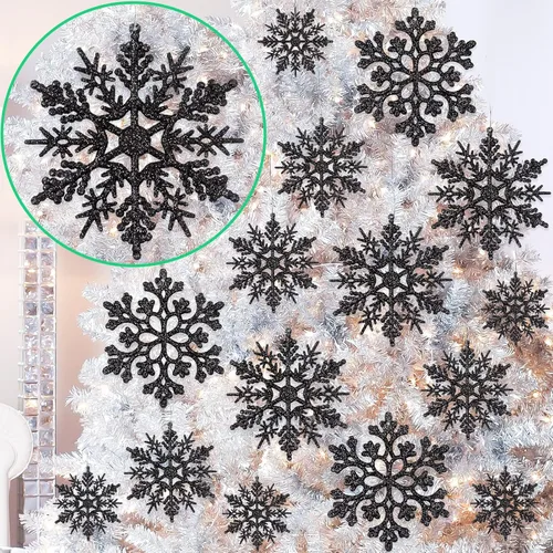 36 piezas de adornos de copos de nieve negros de Navidad, copos de nieve colgantes de plástico con purpurina para decoraciones de árbol de Navidad,