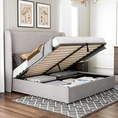 Miniatura 14 de Jocisland - Base de cama tamaño Queen con plataforma de almacenamiento abatible, tapizada en lino, con cabecera abatible moderna/almacenamiento