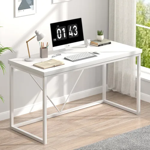 Miniatura 12 de EXCEFUR Escritorio moderno de oficina en casa, escritorio de computadora de madera y metal, mesa de estudio de escritura industrial para sala de Gris