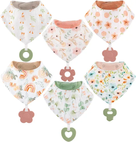 Miniatura 7 de Baberos tipo bandana para bebé, paquete de 6 unidades y juguetes para la dentición, paquete de 6, hechos con 100% algodón orgánico, absorbente