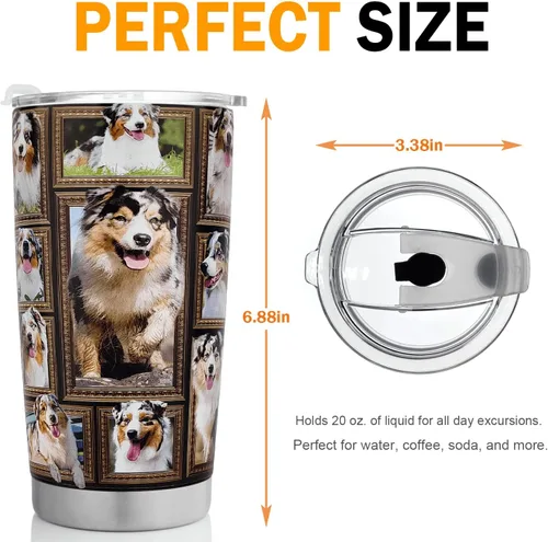 Miniatura 7 de Vaso de perro pastor australiano con tapa, a prueba de derrames, taza de viaje para café helado, botella de agua aislada de acero inoxidable de 20