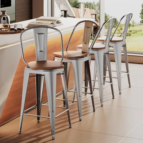 Miniatura 11 de Aklaus Juego de 4 taburetes de bar giratorios de metal, taburetes de barra con respaldo giratorio, asiento de madera, taburetes de bar de 30 Crema