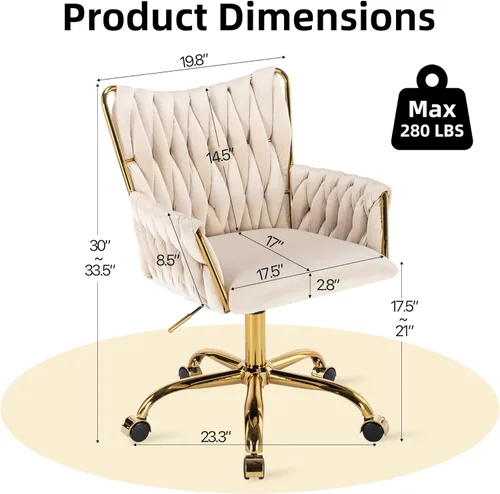 Miniatura 2 de ABET Silla de Escritorio de Terciopelo con Ruedas, Bonita Silla de Oficina Giratoria Tapizada, Moderno Sillón Rodante Dorado Tejido a Mano con Beige