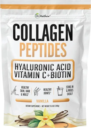 Dr. Matthew Polvo de proteína de colágeno de vainilla con ácido hialurónico, vitamina C y biotina para cabello, piel, uñas, articulaciones. Keto,