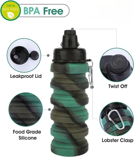 Miniatura 3 de Botella de agua de silicona plegable, portátil, reutilizable, para adultos, niños, estudiantes, viajes, campamento y senderismo, morado y azul