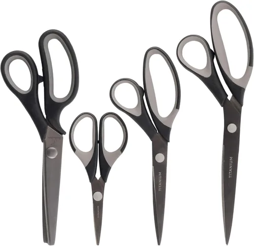 Miniatura 51 de BambooMN Juego de tijeras de titanio Softgrip para costura, arte, manualidades, oficina, 1 juego de 3 unidades, rojo con incrustaciones negras 3
