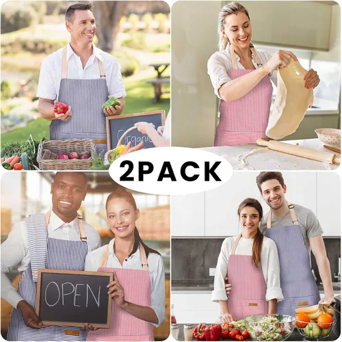 Miniatura 7 de BeLuyi - Paquete de 2 delantales ajustables con peto, delantales de chef para cocina, restaurante, con 2 bolsillos, delantales para mujeres