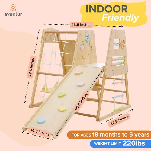 Miniatura 5 de Avenlur Cherry - Escalador de madera 5 en 1 para interiores, gimnasio Montessori para niños pequeños con tobogán, pared de roca, escalera de cuerda