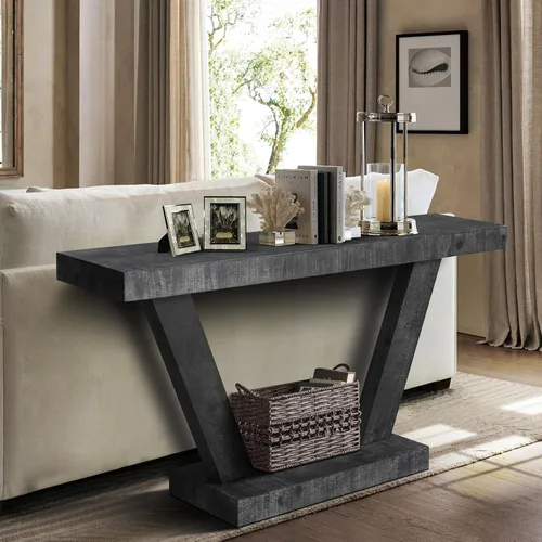 Miniatura 5 de Henf Mesa consola de 60 pulgadas moderna de madera para sofá de entrada detrás del sofá con base de soporte triangular para pasillo, entrada, sala