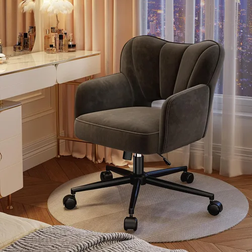 Miniatura 11 de DurayLoly Silla de tocador con ruedas y respaldo, silla de tocador de altura ajustable, sillas de escritorio cómodas para maquillaje, trabajo y Gris