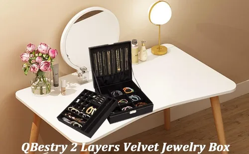 Miniatura 6 de QBeel - Cajas de joyería negras para mujeres hombres y niñas organizador de joyas de 2 capas con candado organizador grande de almacenamiento