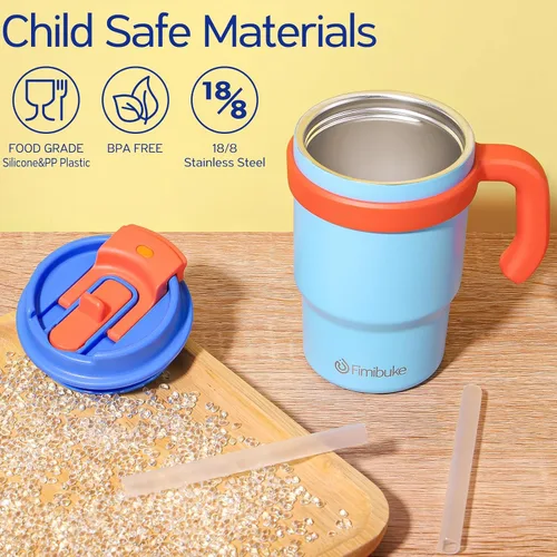 Miniatura 2 de Fimibuke Vaso aislado para niños de 16 onzas con asa y pajillas, paquete de 2 vasos de acero inoxidable 18/8 sin BPA con tapas 2 en 1, a prueba