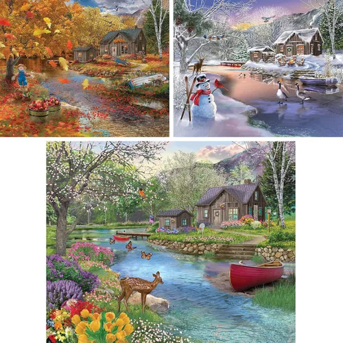 Miniatura 2 de Bits and Pieces Juego de tres rompecabezas para adultos – Cabaña de otoño, invierno y primavera – 500 piezas de 18 x 24 pulgadas