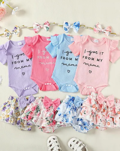 Miniatura 44 de Mioglrie Conjunto de ropa para bebé recién nacida, conjunto de pantalones cortos, conjunto floral de verano, ropa de bebé linda para niña