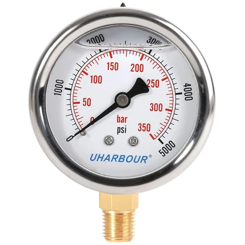 Miniatura 26 de Medidor de presión relleno de glicerina 1/4 NPT 100psi/7bar, carcasa de acero inoxidable, construcción interior de latón, esfera de 2-1/2", conexión