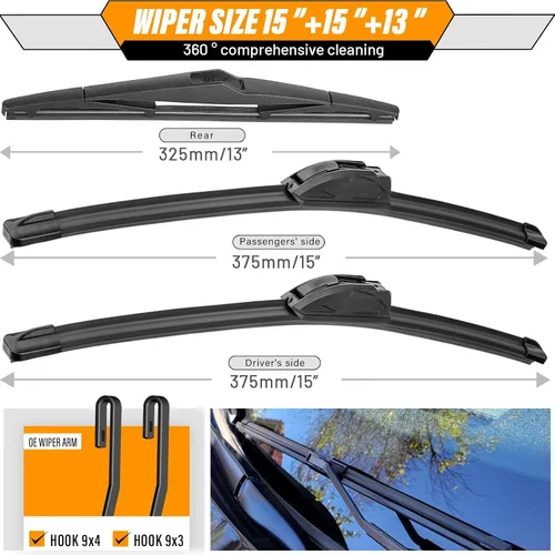 Miniatura 3 de AUTOBOO Limpiaparabrisas de 15 + 15 pulgadas con limpiaparabrisas trasero de 13 pulgadas de repuesto para Jeep Wrangler JK 2008-2018, Jeep Wrangler