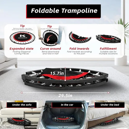 Miniatura 5 de KENSONE Trampolín Mini Plegable de 40"/48", Trampolín Interior para Niños y Adultos, Entrenamiento Interior/Jardín, Reboteador de Fitness con Mango